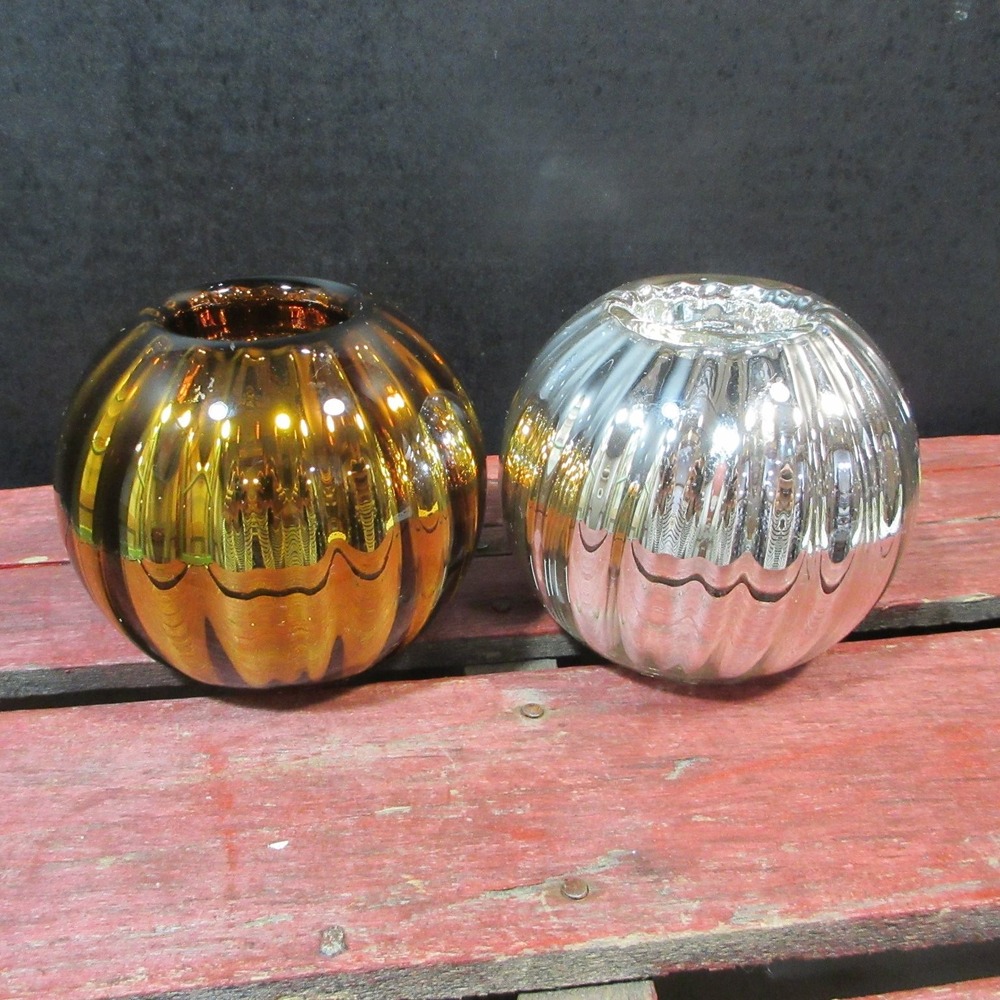Set Dept 56 Hand Blown Optic Mercury Glass Votive Candle Holder Silver + Amber